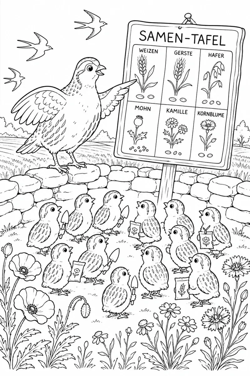 Coloring page: partridge teaching chicks with seed board at drystone wall in spring field