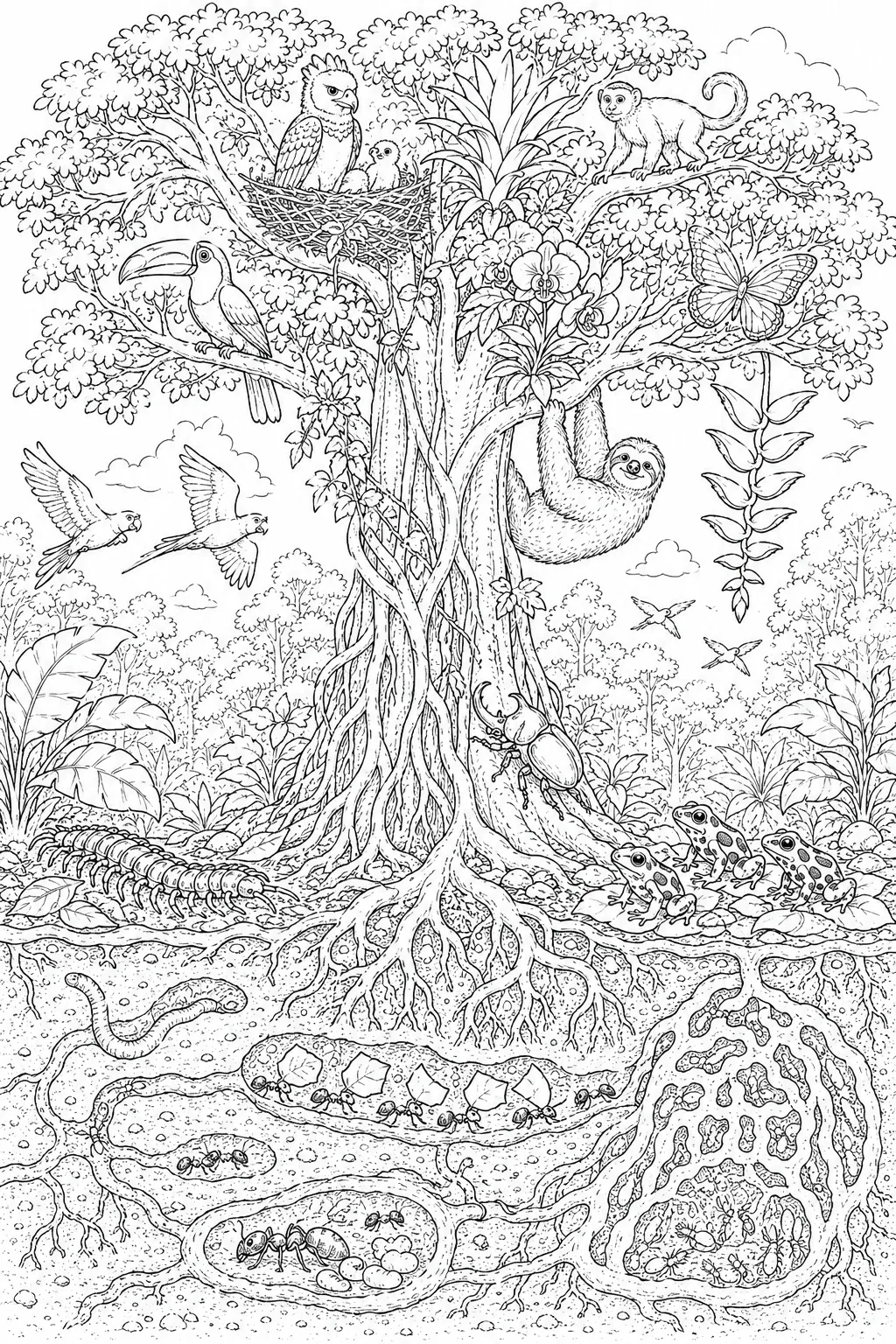 Ausmalbild: Tropischer Riesenbaum im Querschnitt mit Tieren aller Waldschichten