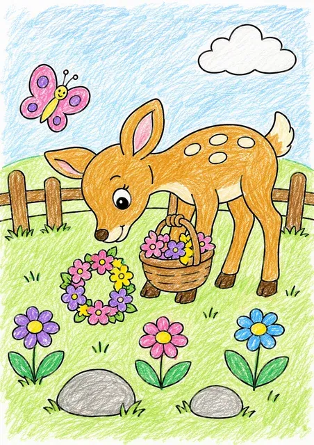 Reh trägt einen Korb mit Blumenkränzen auf einer Wiese