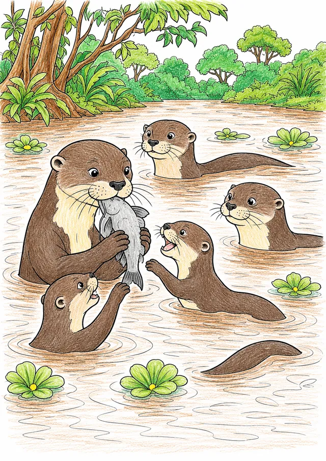 Ausmalbild: Riesenotterfamilie frisst Fisch im Amazonas
