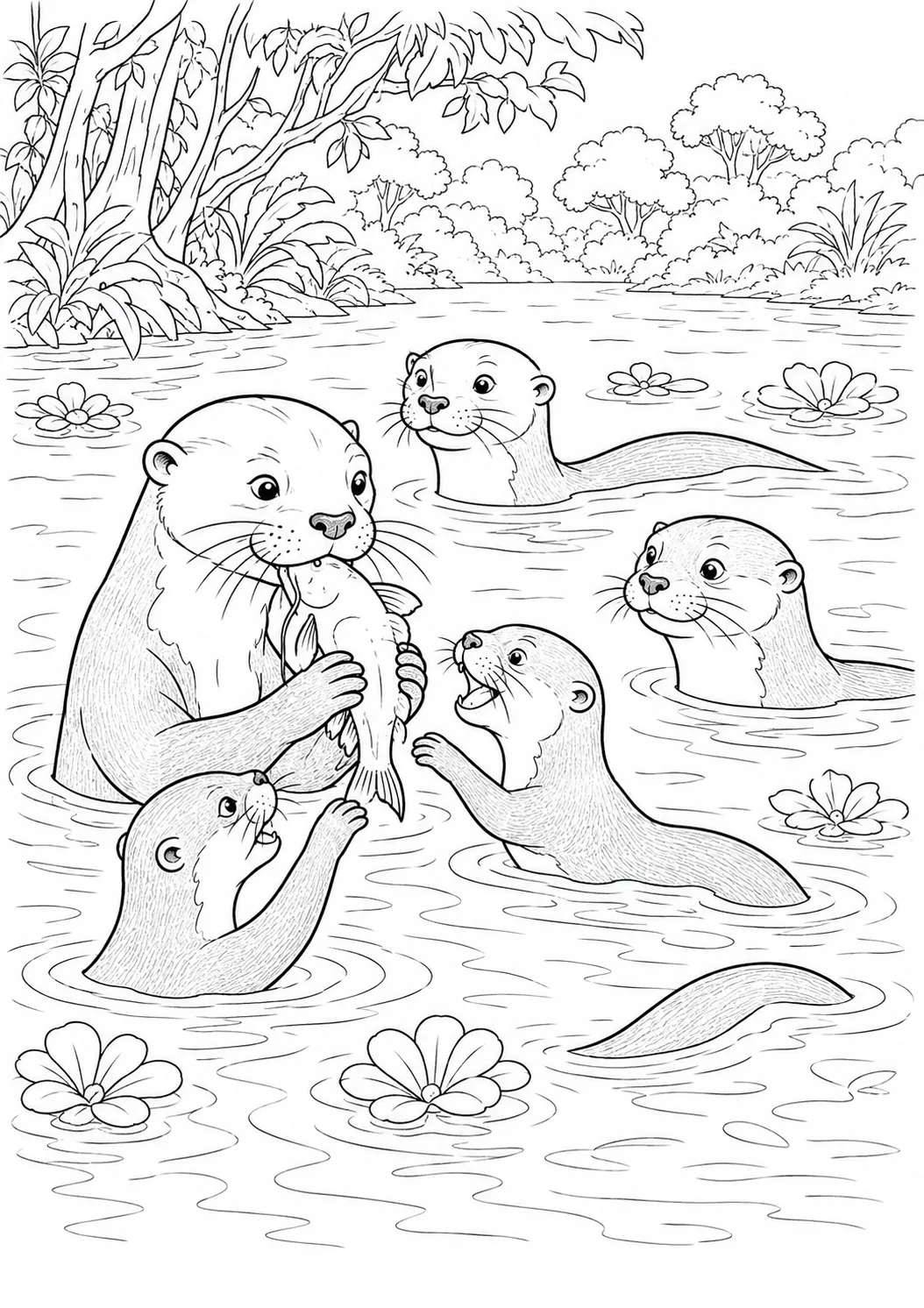 涂色页：亚马逊中巨獭家族吃鱼