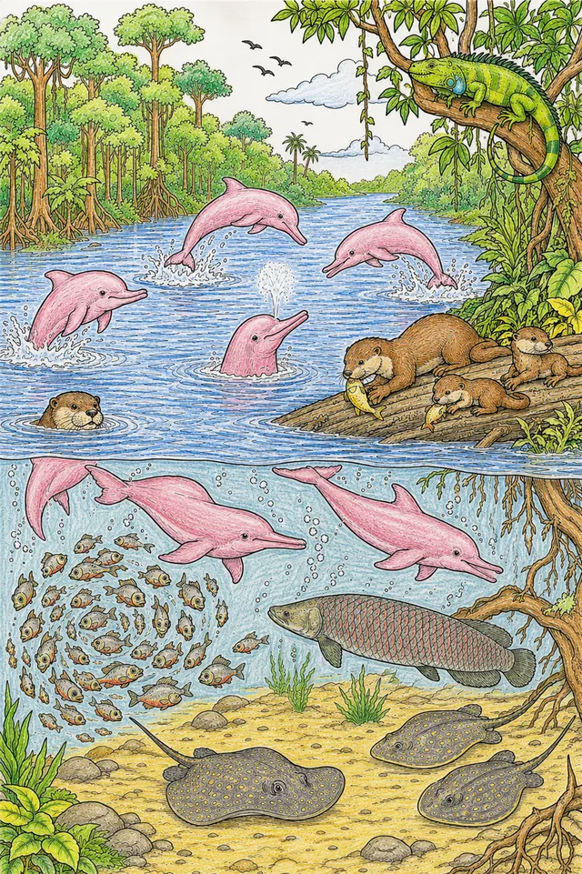 Ausmalbild: Amazonas-Fluss-Wimmelbild mit rosa Delfinen über und unter Wasser