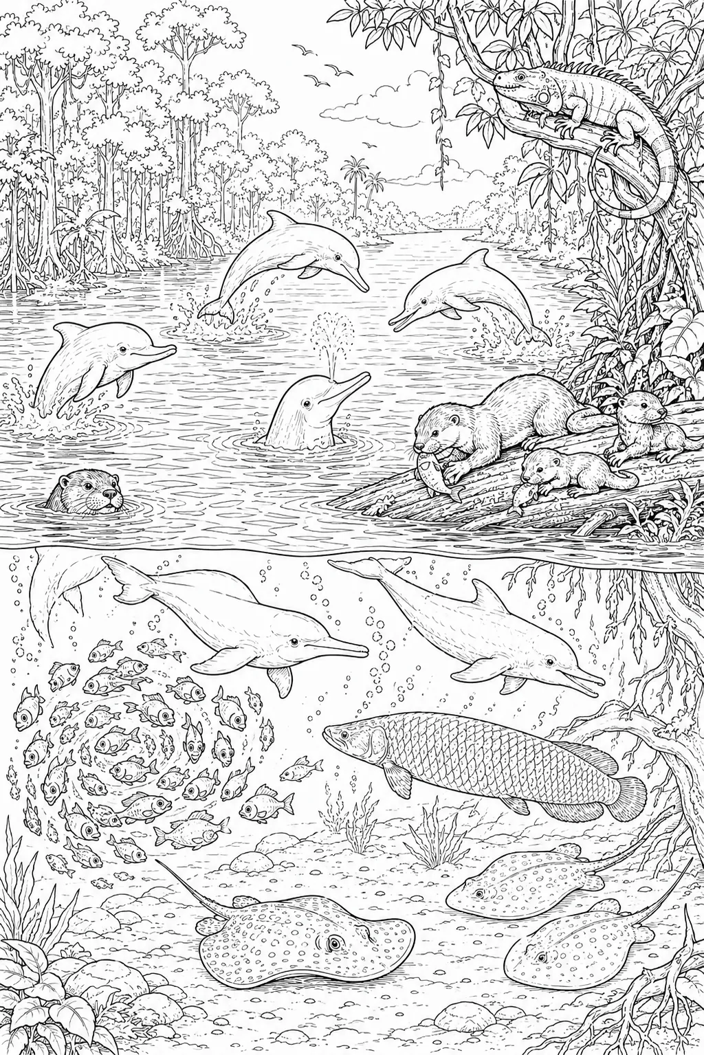 Ausmalbild: Amazonas-Fluss-Wimmelbild mit rosa Delfinen über und unter Wasser