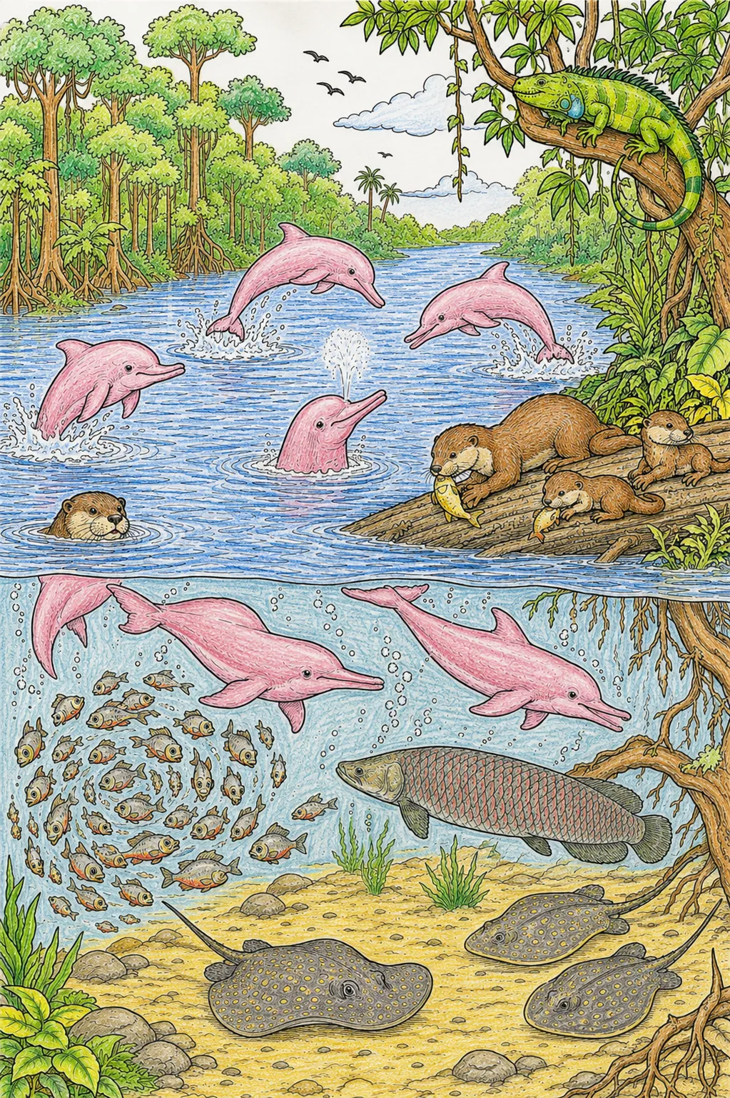 Wimmelbild: Rosa Delfine im Amazonas