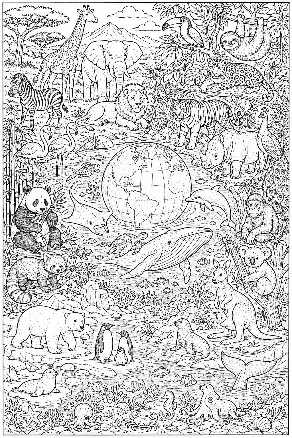 Ausmalbild: S02-Finale-Wimmelbild mit allen Wildtieren der Welt
