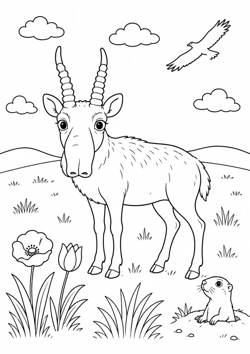 Saiga-Antilope mit charakteristischer Schnauze auf weiter Steppe, mit Wildblumen und Ziesel