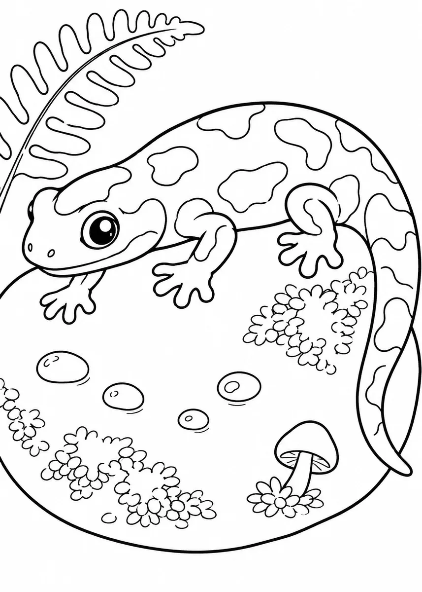 苔藓覆盖的石头上的火蝾螈，旁边有蘑菇和水珠