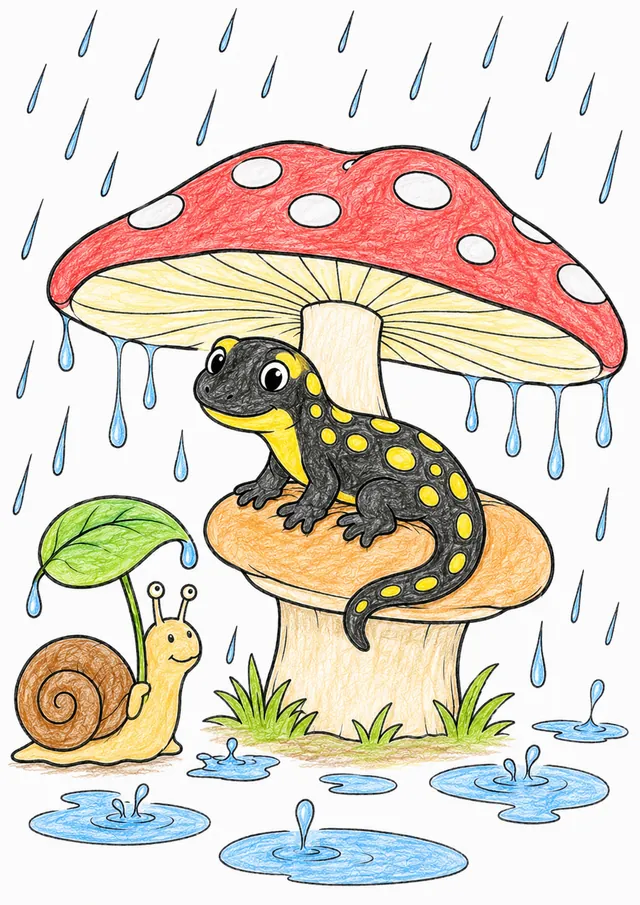 Salamander sitzt im Regen auf einem Pilz – So könnte es aussehen