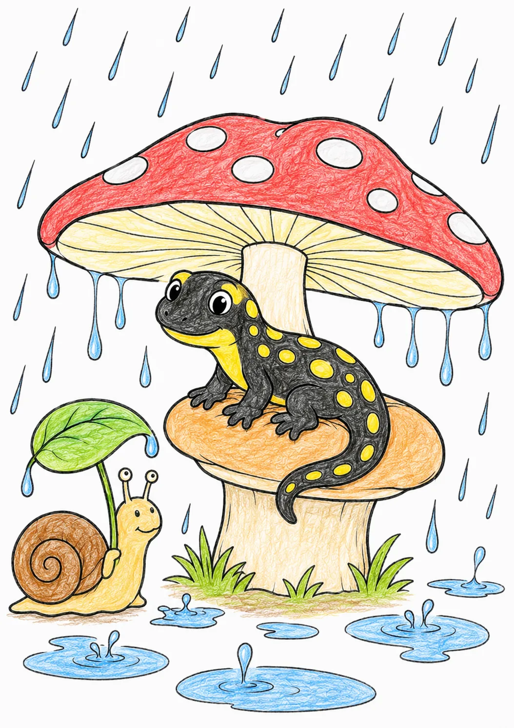 Salamander sitzt im Regen auf einem Pilz