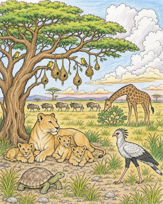 Ausmalbild: Savannenpanorama mit Akazie und verschiedenen Tieren