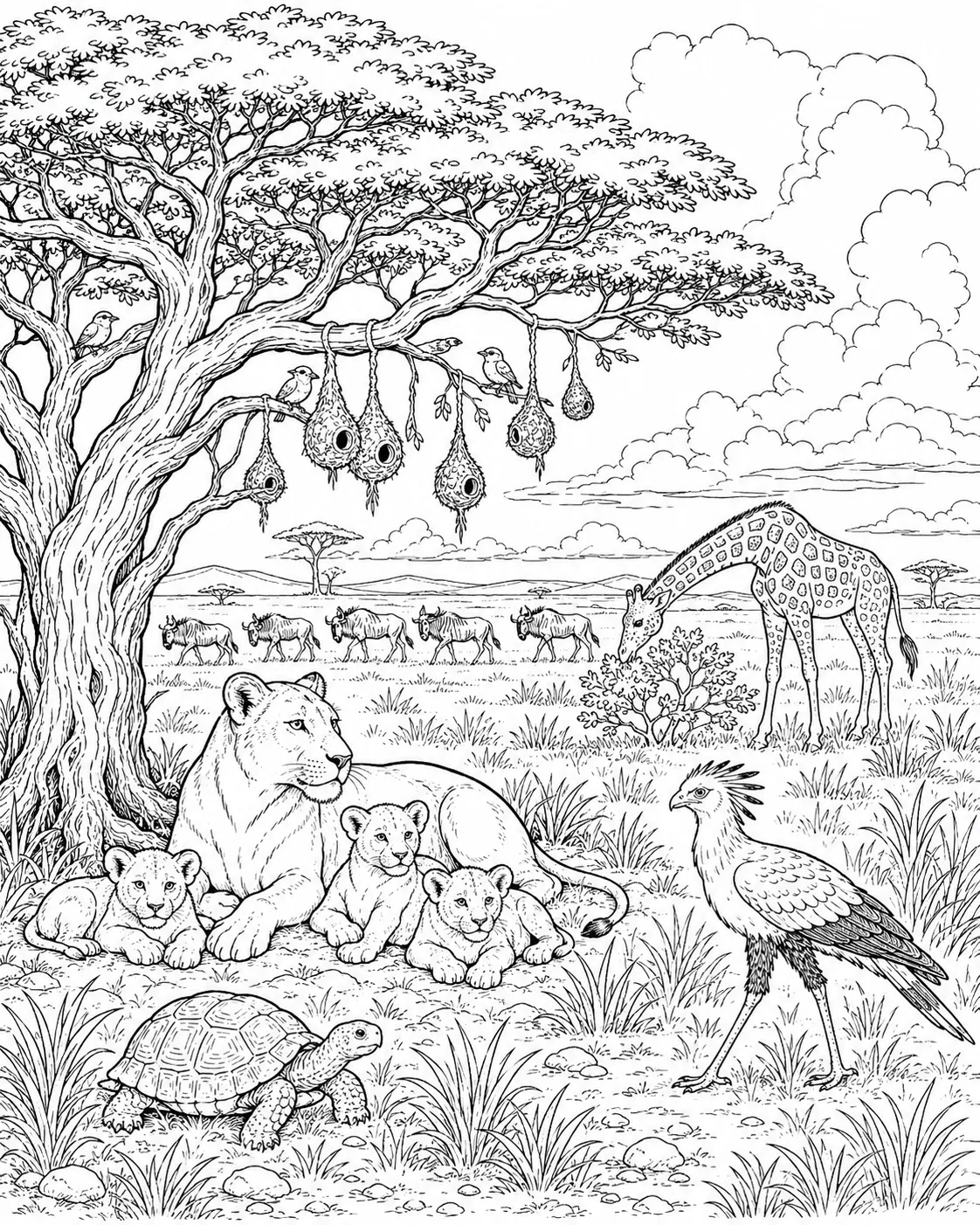 Ausmalbild: Savannenpanorama mit Akazie und verschiedenen Tieren