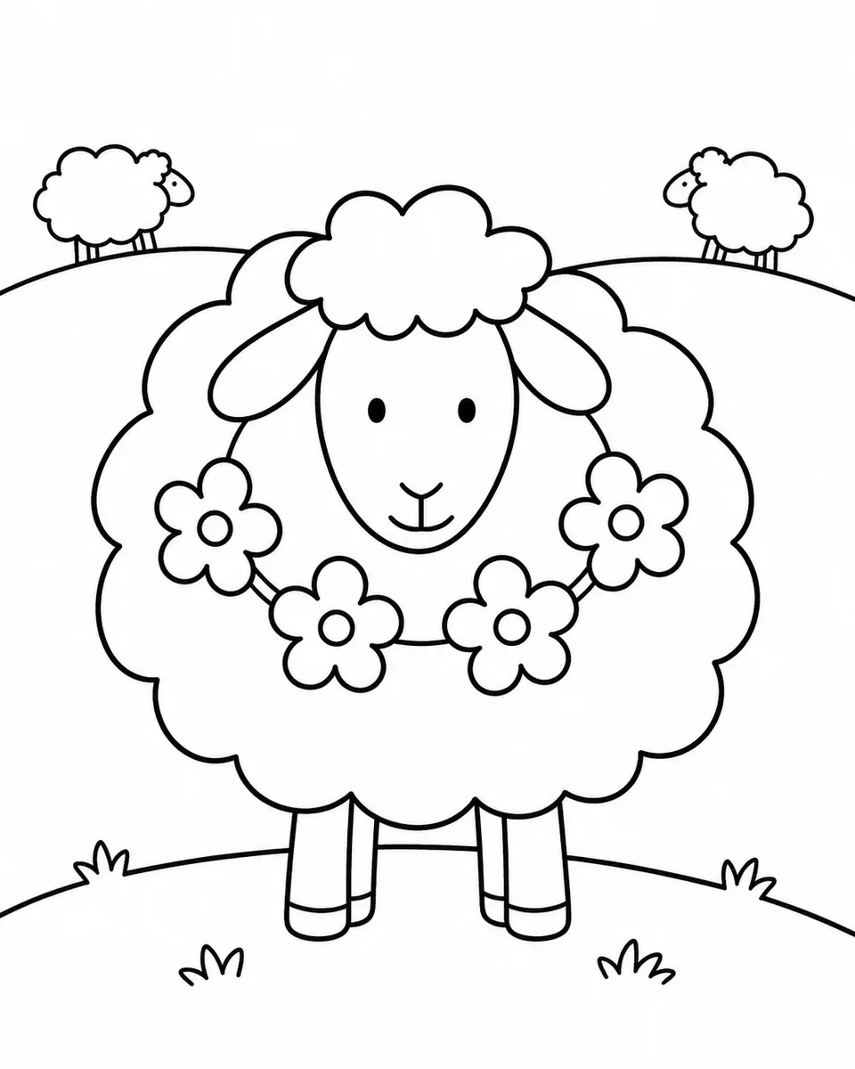 Ausmalbild eines Schafes mit einer Blumengirlande auf einer Wiese