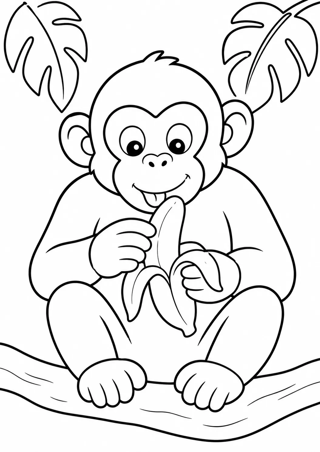 Ausmalbild: Schimpanse hält halb geschälte Banane