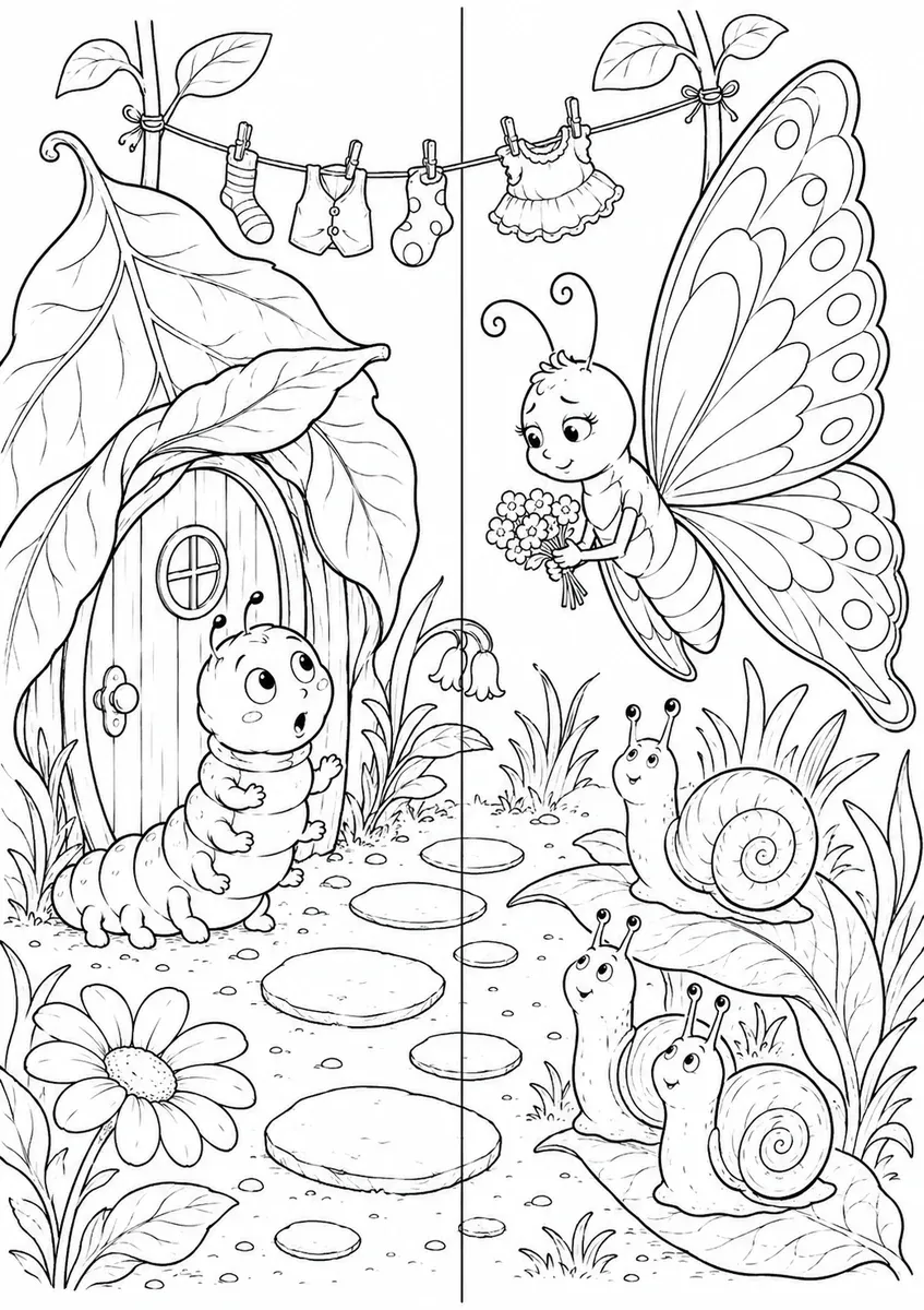 蝴蝶拜访毛毛虫的对称涂色画