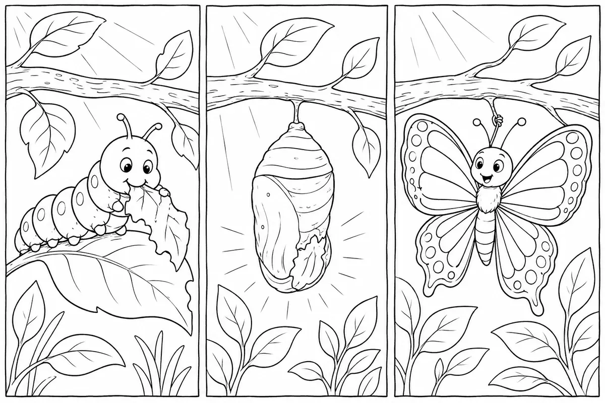 Dreiteiliges Ausmalbild der Verwandlung von Raupe zur Puppe zum Schmetterling