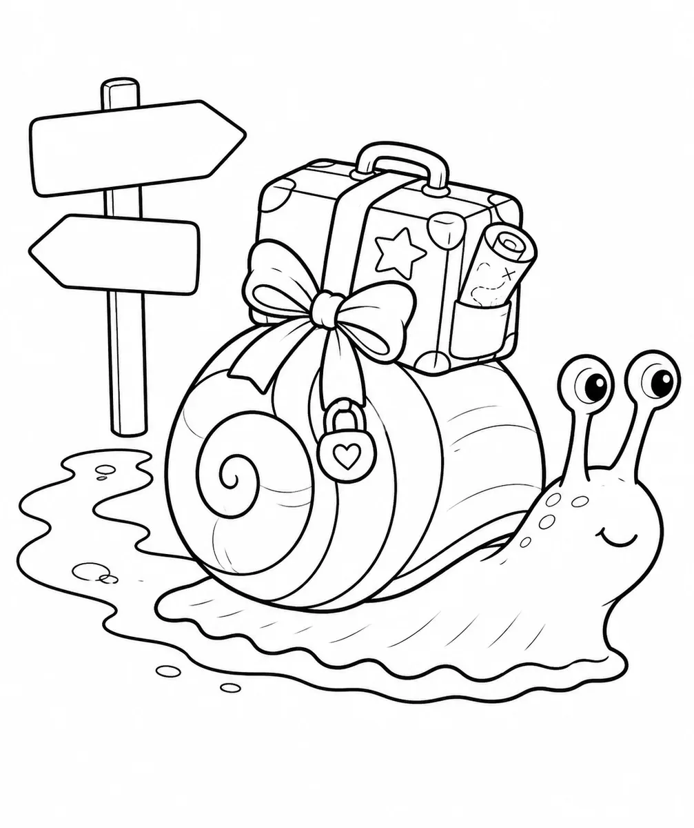 Ausmalbild einer Schnecke mit einem kleinen Koffer auf dem Weg zur Weltreise