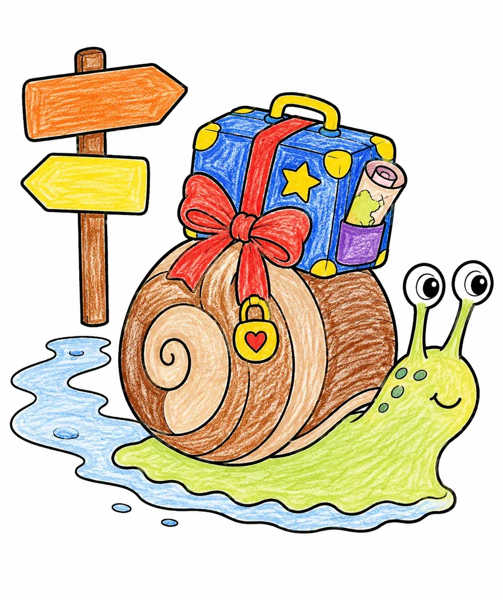 Schnecke auf Weltreise mit kleinem Koffer
