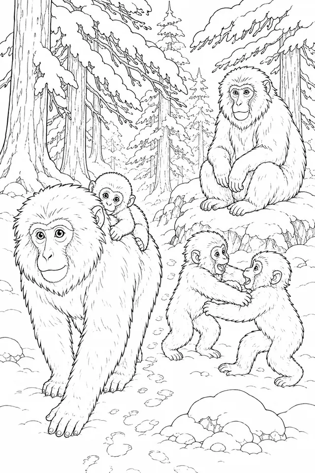 Schneeaffen-Familie im verschneiten Wald