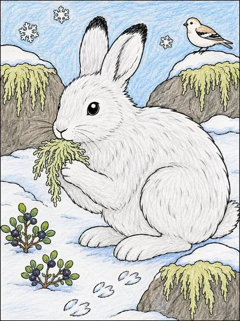 雪兔与树挂地衣 – 涂色效果预览