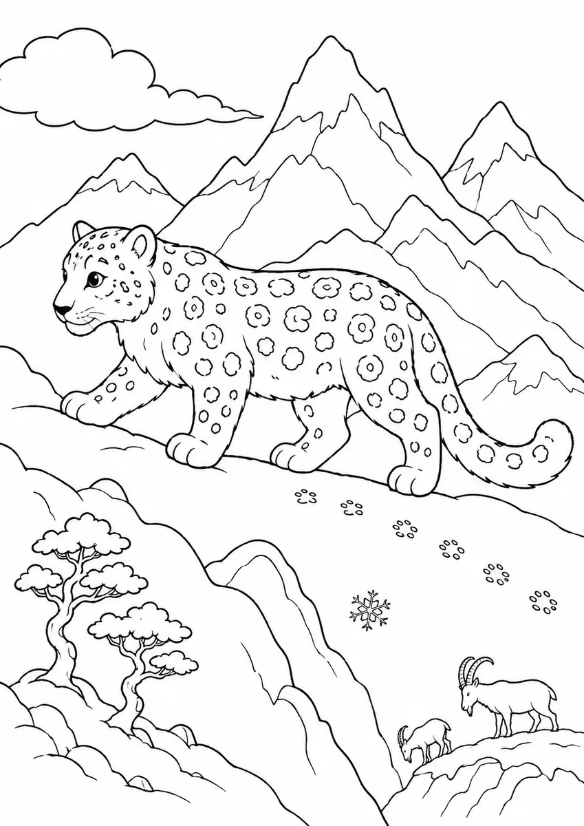 雪豹沿山径前行，远处山峰与北山羊