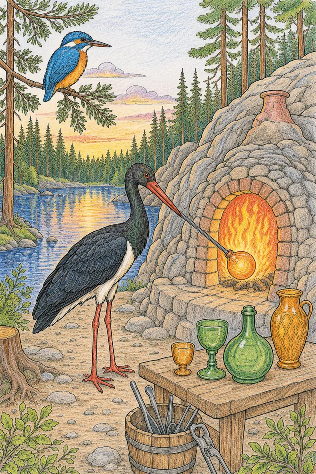 Ausmalbild: Schwarzstorch mit Blasrohr bläst Glas an Steinofen am dunklen Waldsee