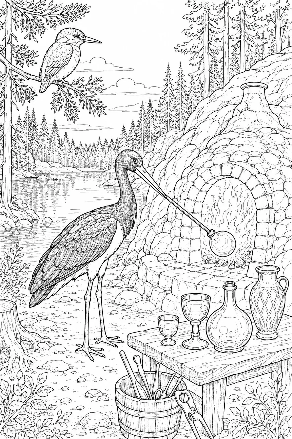 Ausmalbild: Schwarzstorch mit Blasrohr bläst Glas an Steinofen am dunklen Waldsee