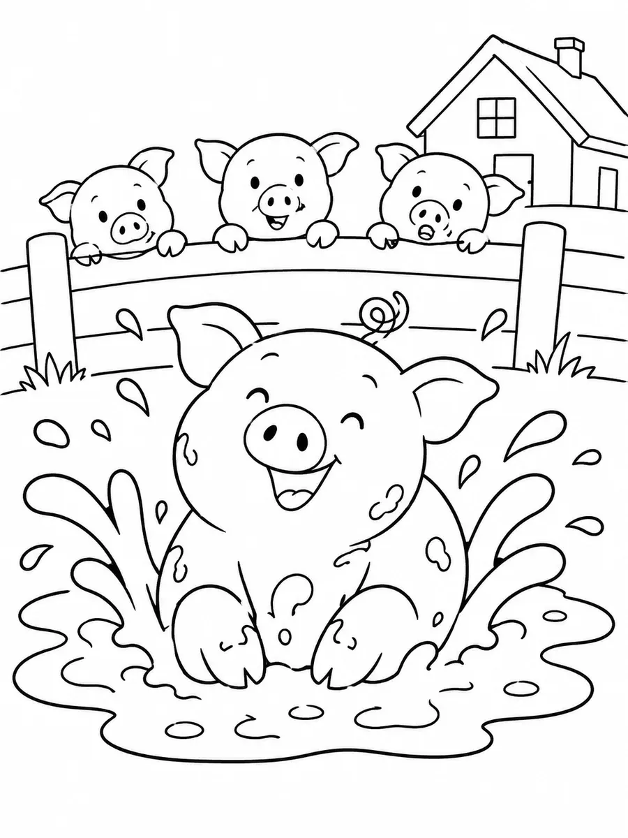 Ausmalbild eines Schweins das fröhlich in einem Matschpfütze plantscht