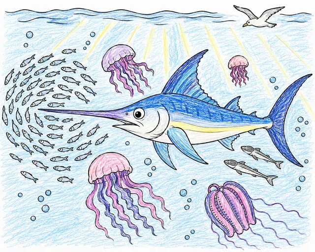Der Schwertfisch und der Fischschwarm – So könnte es aussehen