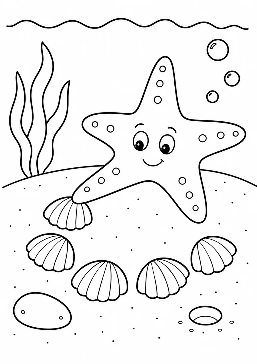 Seestern ordnet fünf Muscheln im Sand