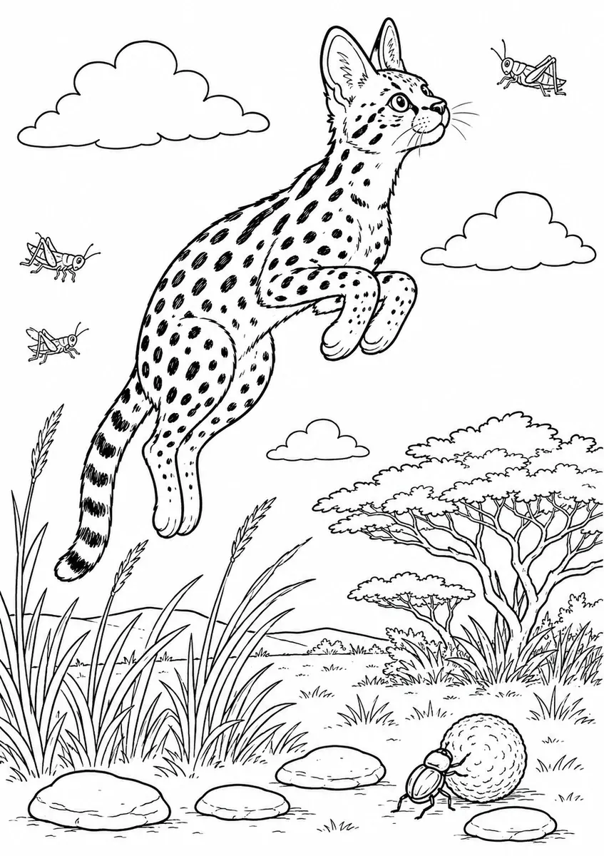 Serval at the peak of its leap over savanna grass with eyes fixed on a grasshopper