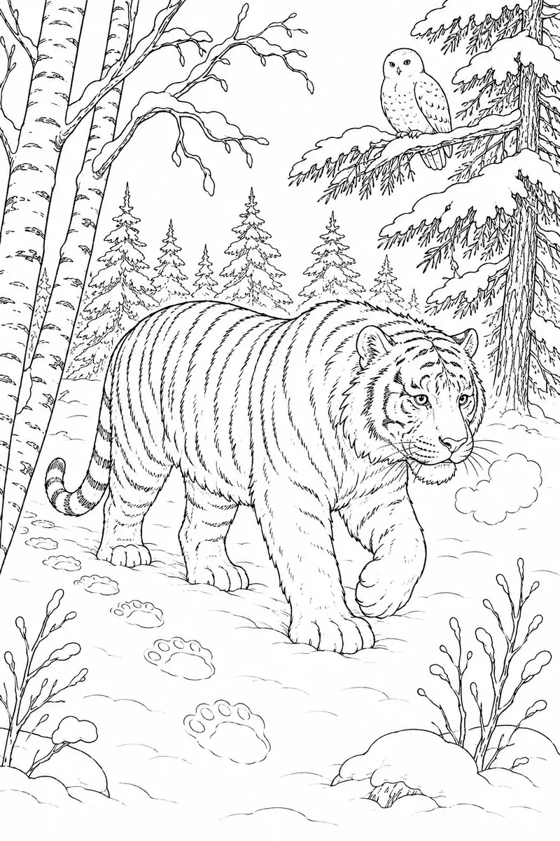 Ausmalbild: Sibirischer Tiger läuft durch Tiefschnee im Birkenwald
