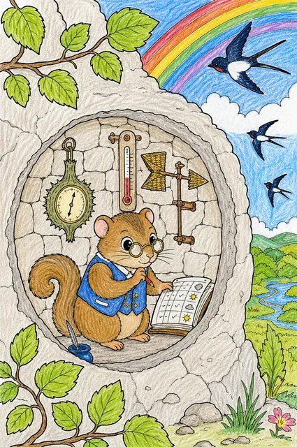 Ausmalbild: Siebenschläfer mit Brille studiert Wettermessinstrumente in einer runden Felskammer