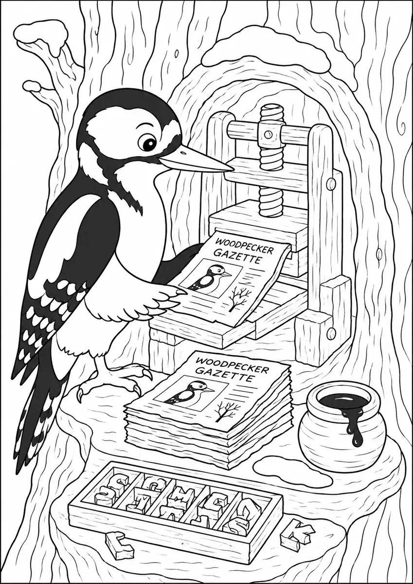 Ausmalbild: Buntspecht mit Miniaturdruckpresse im Eichenbaum druckt Waldzeitung auf Baumrinde