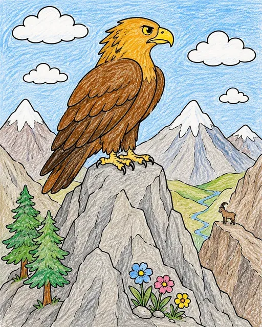 Steinadler mit gefalteten Schwingen auf einer Felsspitze mit Schneebergen und einem Steinbock im Hintergrund