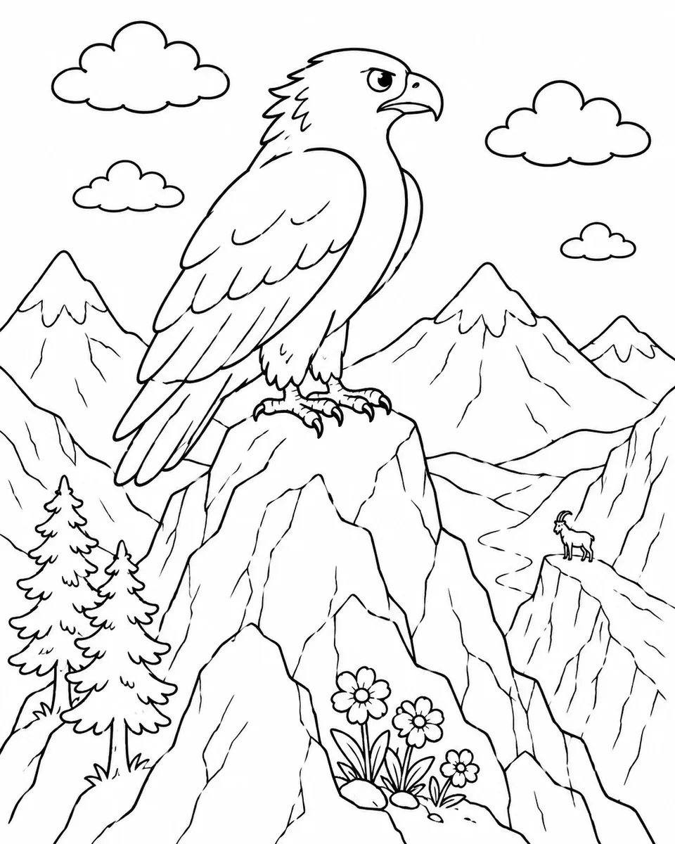 Steinadler mit gefalteten Schwingen auf einer Felsspitze mit Schneebergen und einem Steinbock im Hintergrund