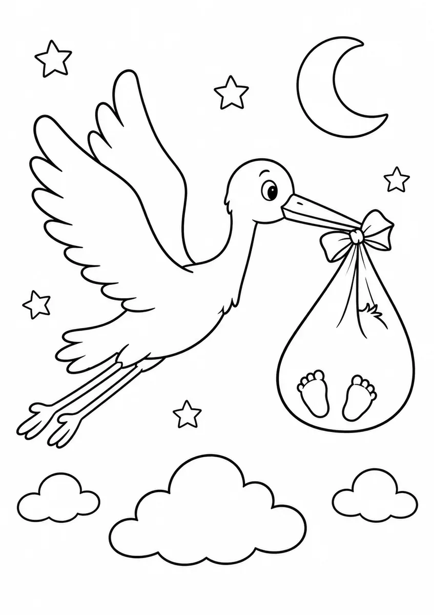 Ausmalbild eines Storchs der nachts ein Baby im Tuch im Schnabel trägt