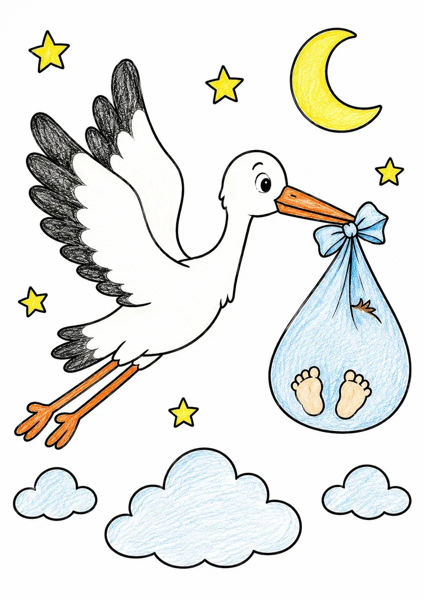 Storch fliegt mit Baby im Tuch