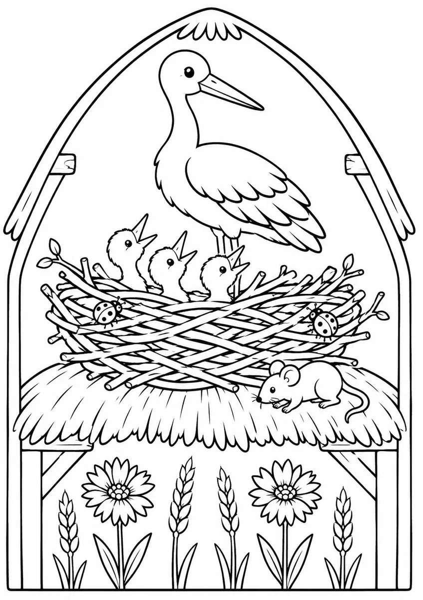 Storchennest auf einem Scheunengiebel mit Elternstorch und drei Jungen, Kornblumen am Rand