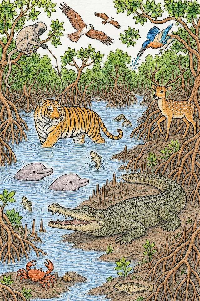 Ausmalbild: Sundarbans-Wimmelbild mit Tiger in Mangrovenwasser