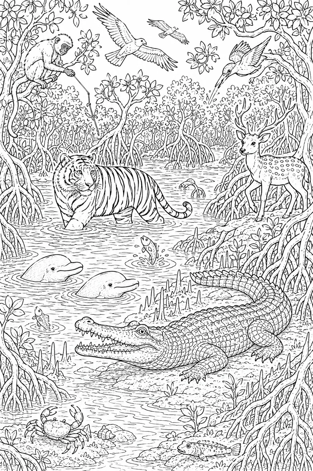 Ausmalbild: Sundarbans-Wimmelbild mit Tiger in Mangrovenwasser