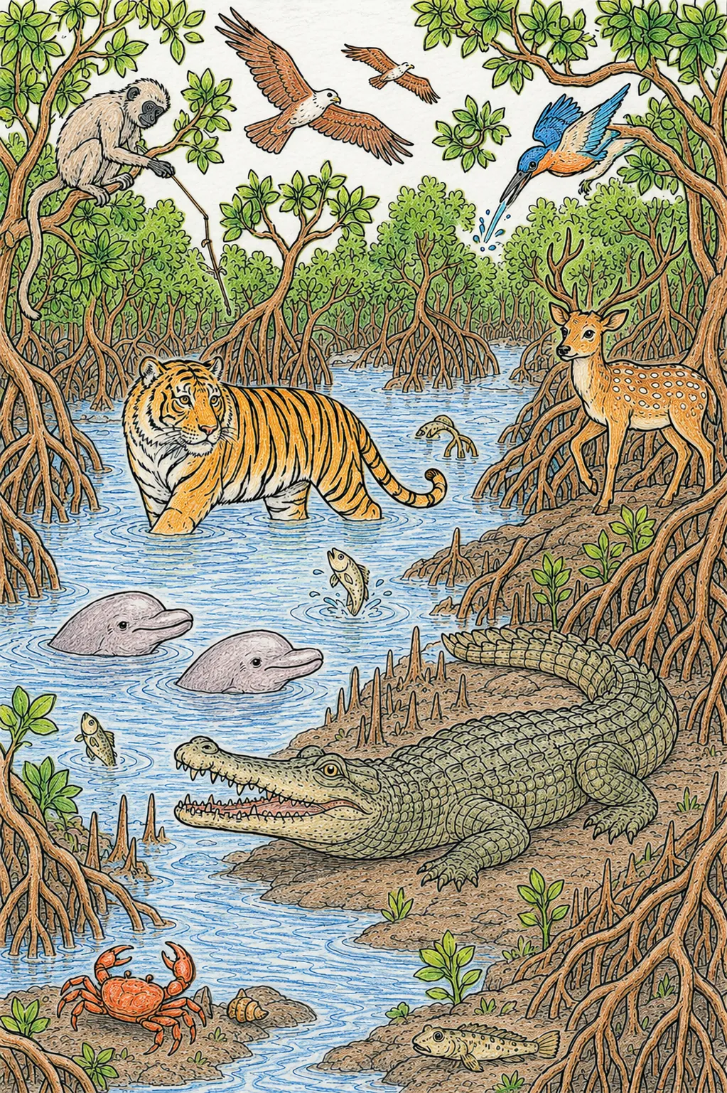 Sundarbans-Wimmelbild: Tiger in den Mangroven