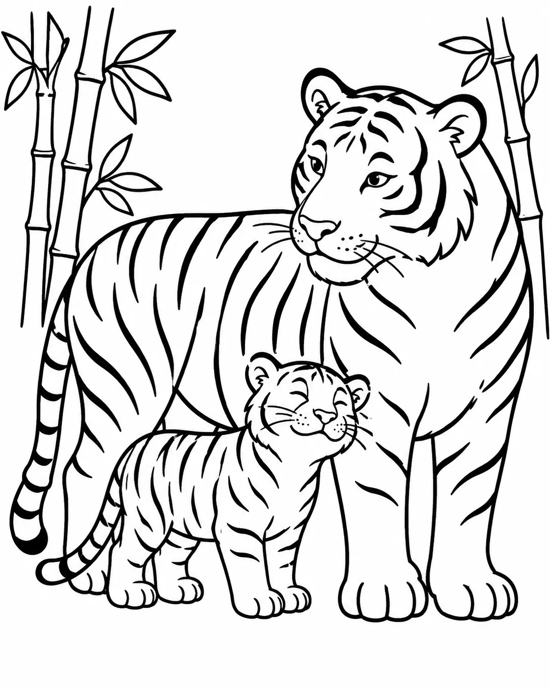 Ausmalbild: Kleines Tigerjunges drückt Gesicht an Seite der Mutter