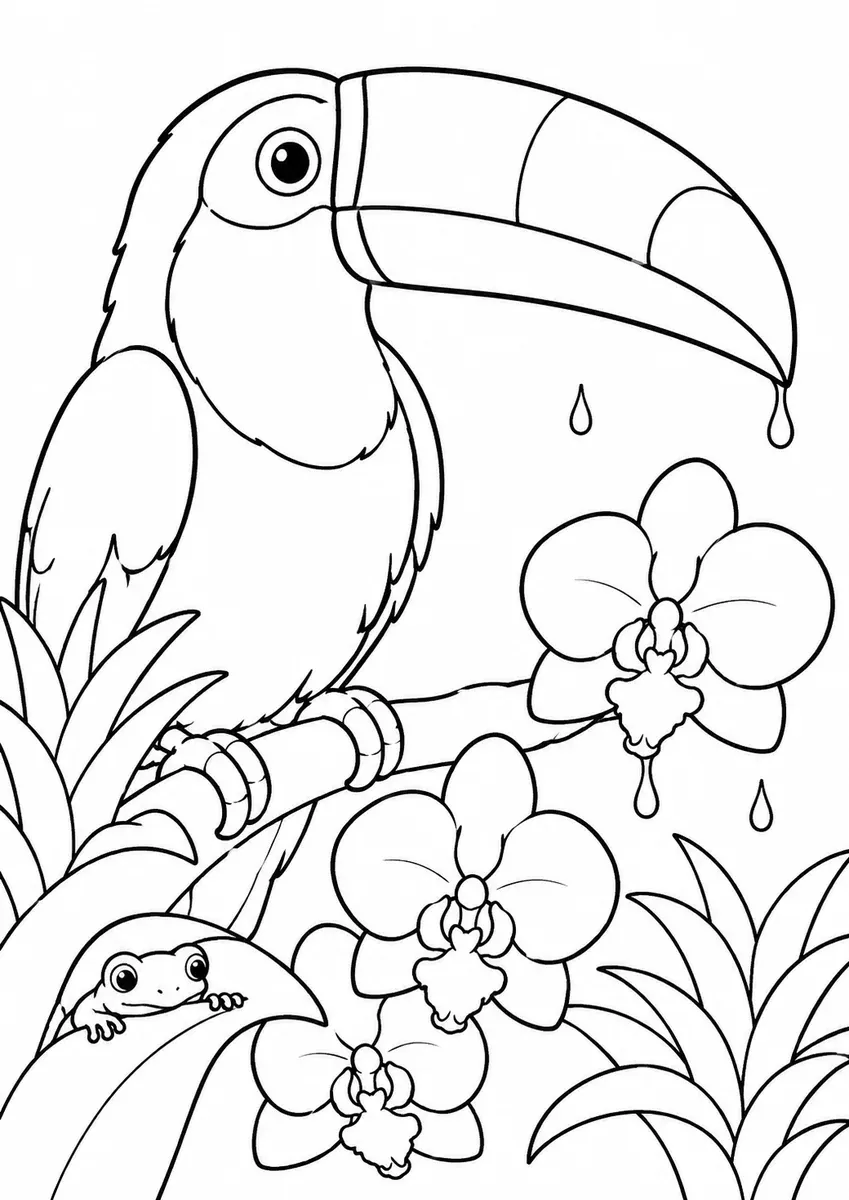 Toucan with large beak on an orchid branch, tree frog peering from a leaf