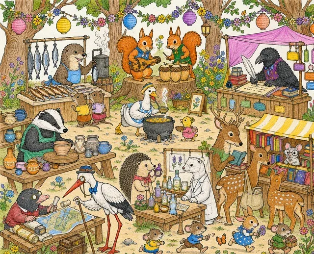 Wimmelbild-Ausmalbild: Sommerwaldmarkt mit vielen Tieren an ihren Ständen in einer sonnigen Waldlichtung