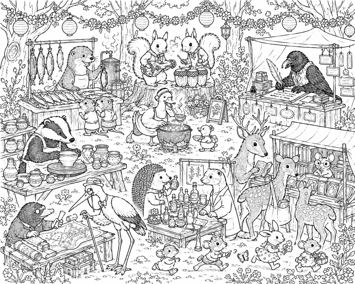 场景图涂色页：阳光照耀的林间空地上众多动物在各自摊位的夏季森林集市