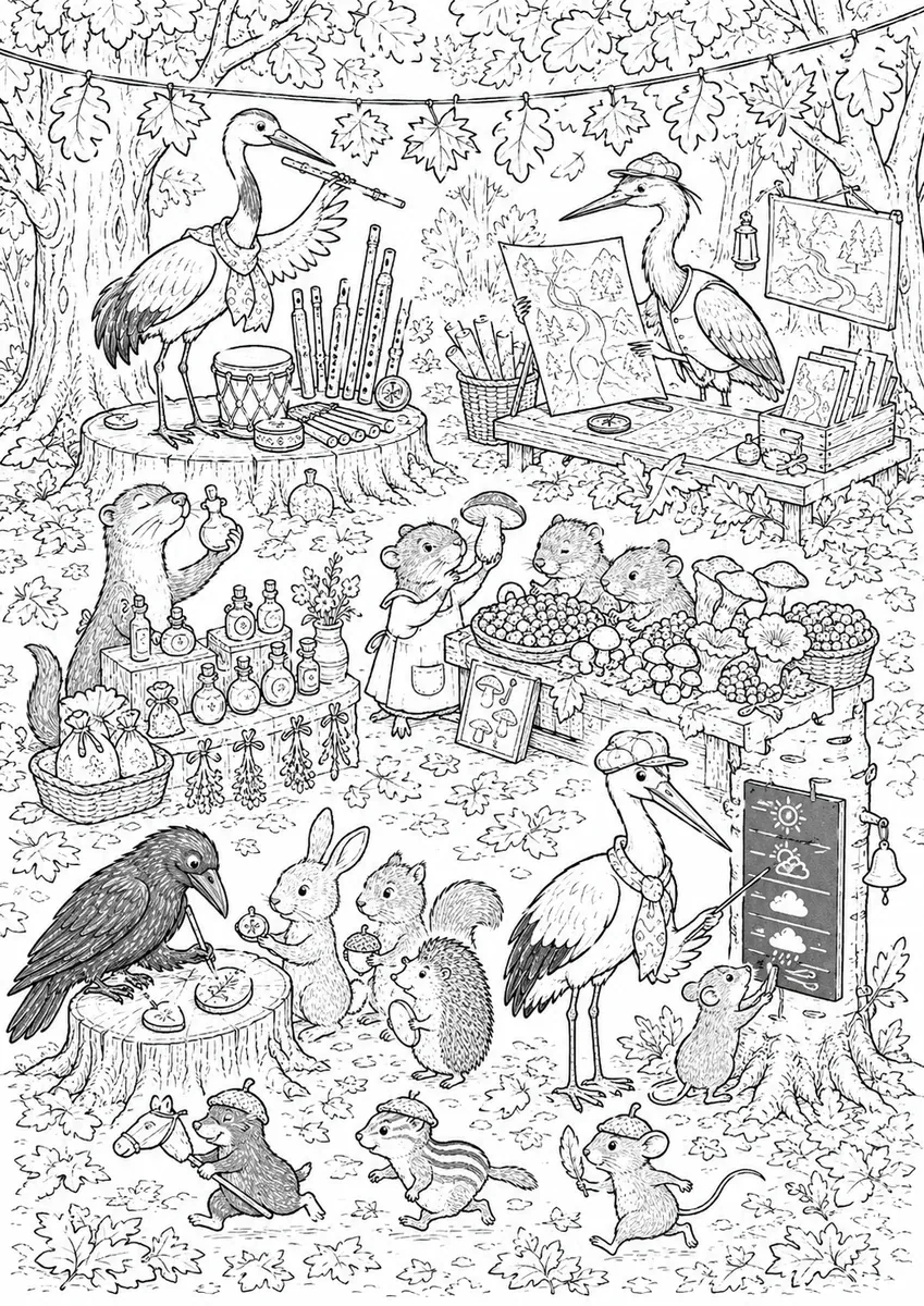 Wimmelbild-Ausmalbild: Herbstmarkt im Wald mit vielen Tieren an verschiedenen Marktständen