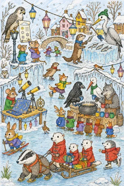 Wimmelbild-Ausmalbild: Winterlicher Eismarkt auf gefrorenem Stadtbach mit vielen Tieren an ihren Ständen