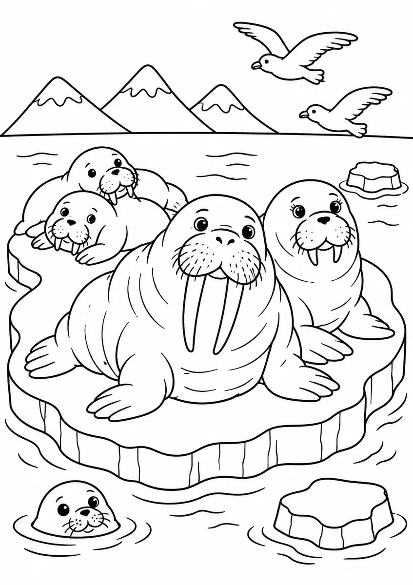 浮冰上四只海象，海鸥盘旋