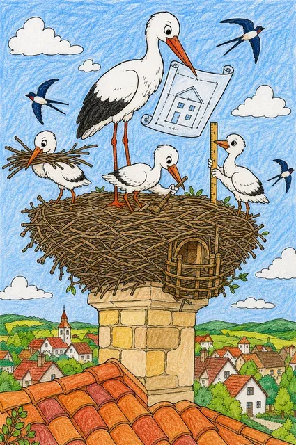 Ausmalbild: Weißstorch-Architekt mit Bauplan auf Schornstein leitet junge Storch-Bautrupps