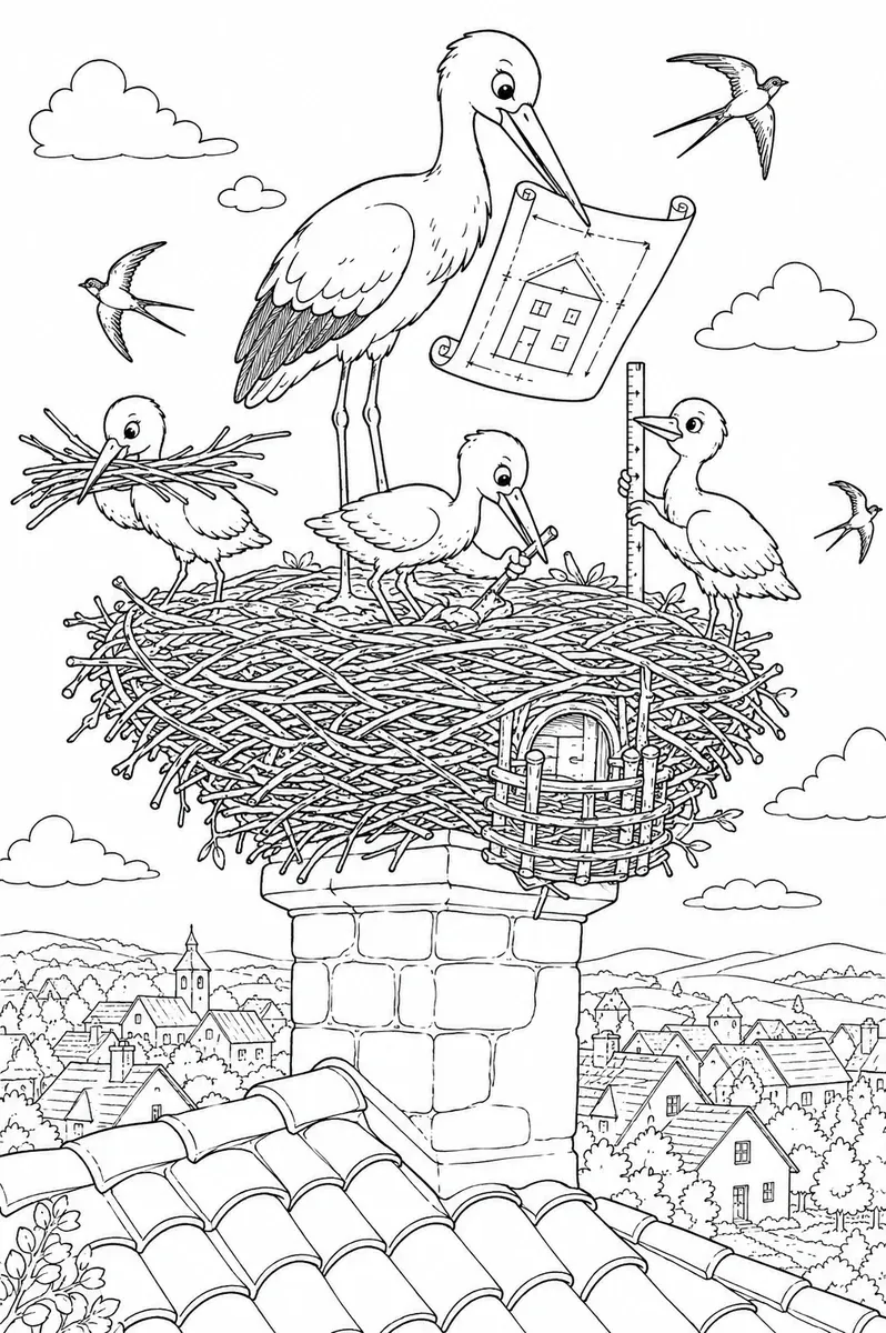 Ausmalbild: Weißstorch-Architekt mit Bauplan auf Schornstein leitet junge Storch-Bautrupps